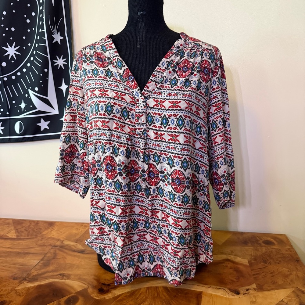 Color Lounge 1X Blouse Flowy Top Geometric Colorful Boho Western
